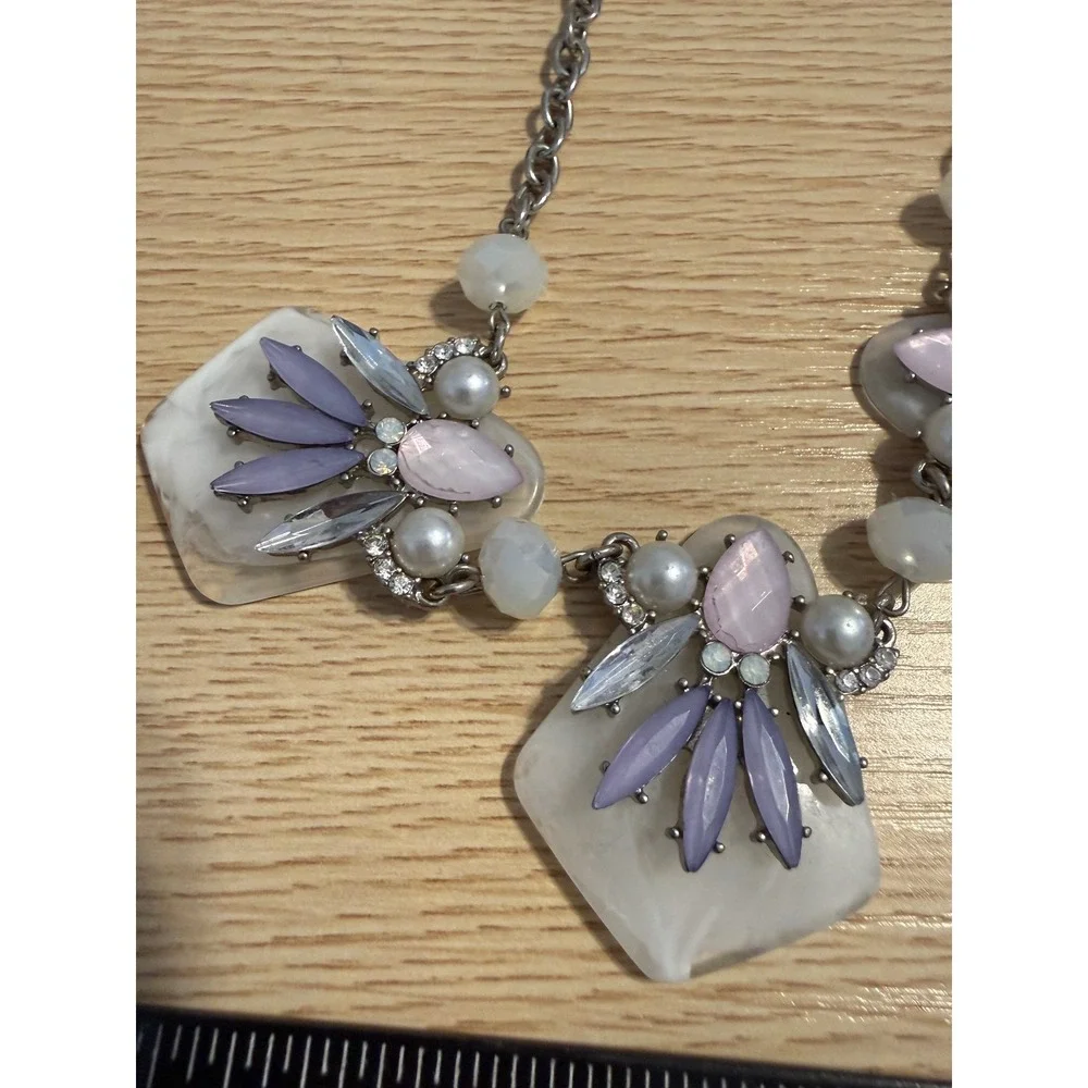 Silver Tone Statement Bib Necklace Lavender Pink Floral Stones Faux Pearl 18-21